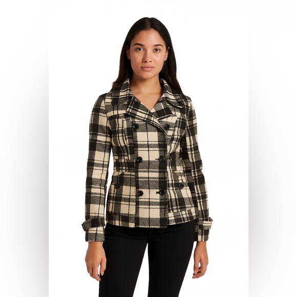 YMI Jackets & Blazers - Women’s Pea Coat Size Medium Gray and White Plaid